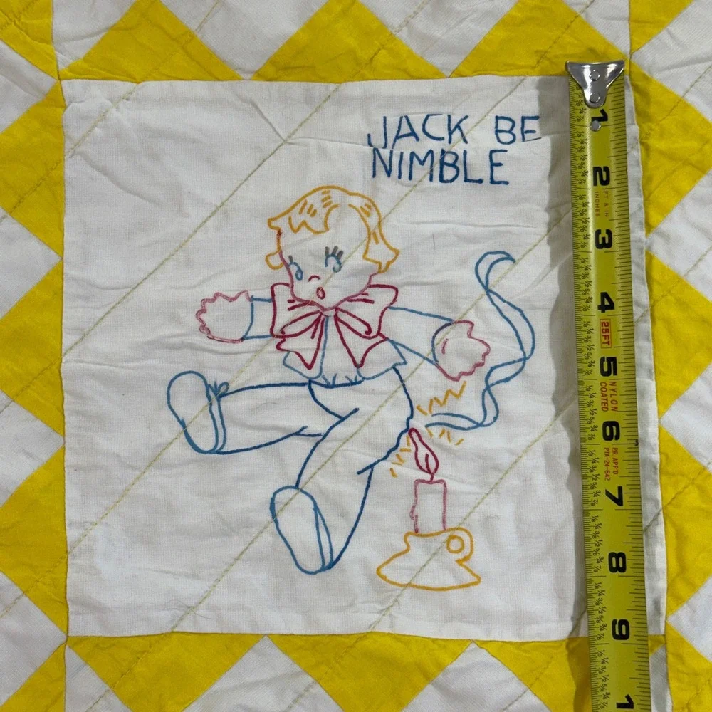 Vintage Nursery Rhyme Baby Quilt Yellow White Hand Painted Hand Made 40x51